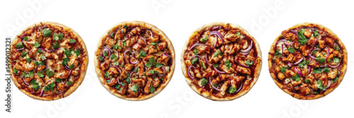 Realistic gourmet pizzas topped with grilled chicken, red onions, and fresh herbs arranged on a white background