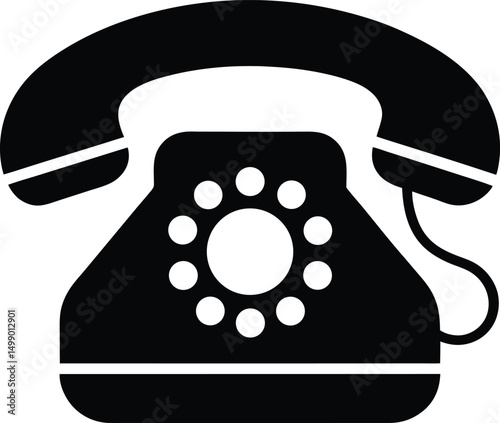 A classic black rotary dial telephone, a retro communication icon, isolated on white