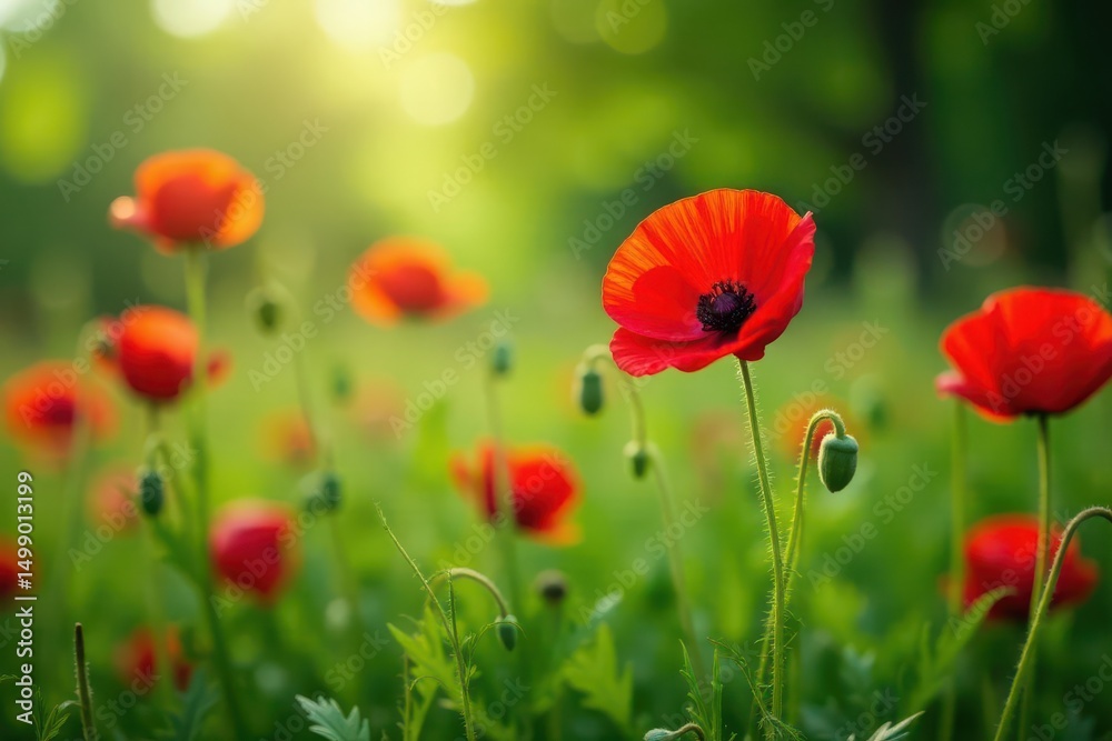 Fototapeta premium Crimson poppies blooming amidst lush green foliage, beauty, red