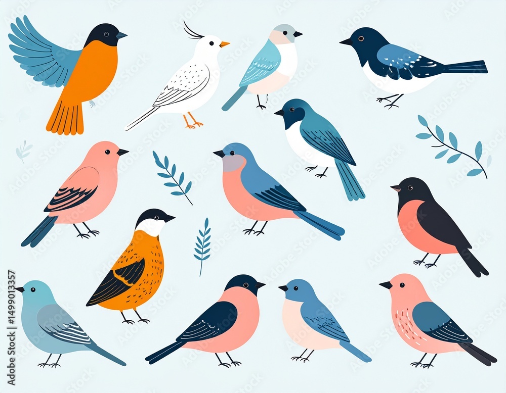 Fototapeta premium Collection of various bird species on white background. Illustration, graphic, vector