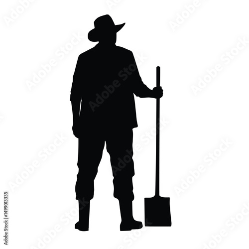 Silhouette of a farmer holding a shovel, representing labor, agriculture, and rural lifestyle work