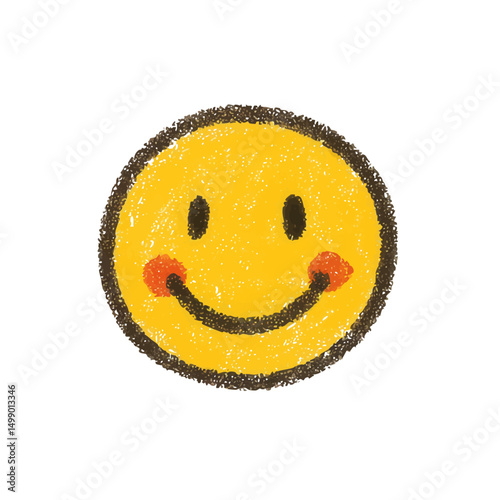 Smiley Face Drawing in Crayon Style. Cute Hand-drawn Emoji Icon for Kids, Fun, Happiness, Cartoon, Sketch, School, Doodle, Childlike, Simple, Yellow Round Character Art
