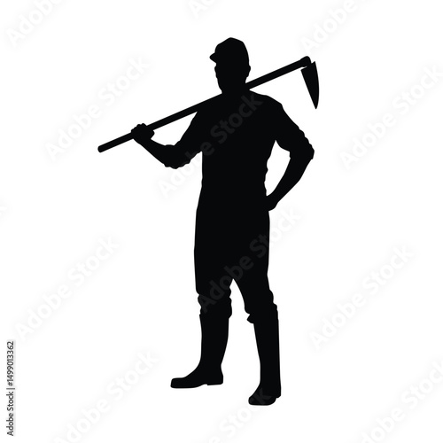 Silhouette of a farmer standing proudly with a hoe on his shoulder, symbolizing rural hard work.