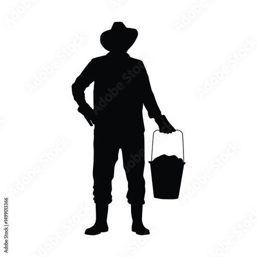 Silhouette of a farmer holding a bucket and a tool, representing hard rural life and manual labor.