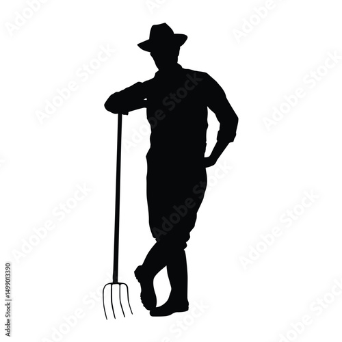 Silhouette of a farmer resting with a pitchfork, symbolizing hard work, farming life, and tradition