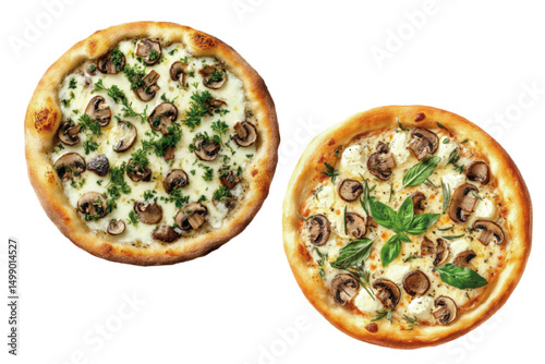 Two gourmet pizzas topped with mushrooms and fresh herbs on a white background showcasing delicious culinary artistry