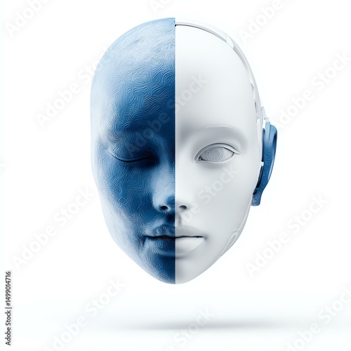 Innovation intelligent machine learning A futuristic robotic face featuring a half-human design, symbolizing the blend of technology and humanity in modern innovation.