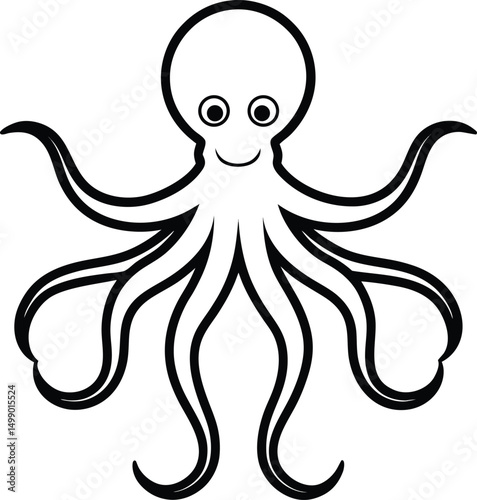 A cute cartoon octopus illustration plays with fish in the happy blue ocean