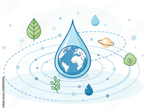 Water drop with earth inside surrounded by leaves and planets, symbolizing environmental protection and importance of water for life on planet photo