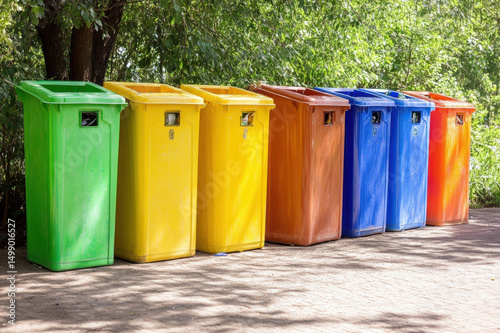 Green recycling and garbage bins for eco friendly waste disposal and environmental cleanliness photo