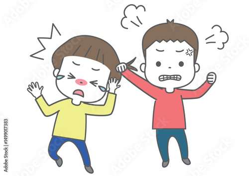 友達の髪の毛をひっぱっている男の子と泣いている男の子