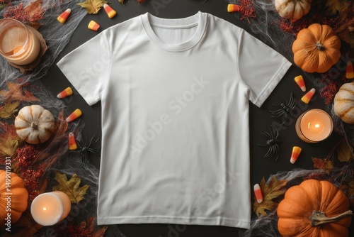 White t-shirt rests on black background amidst autumn decorations like small pumpkins, spider webs, and candy corn, setting a Halloween theme