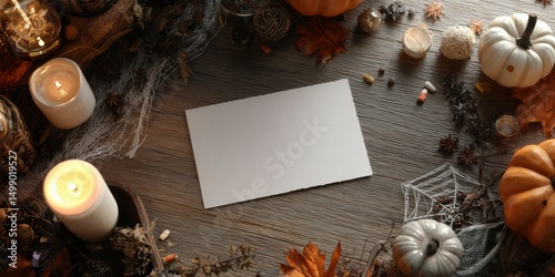 Spooky seasonal arrangement with candles, pumpkins, and a blank greeting card on a wood surface for Halloween