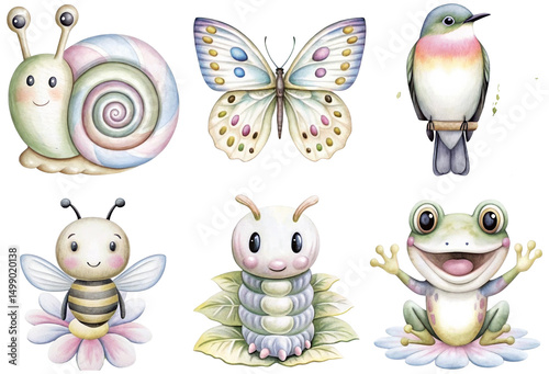 Colorful cartoon insects and creatures, including a snail, butterfly, bird, bee, caterpillar, and frog, each with distinct features.