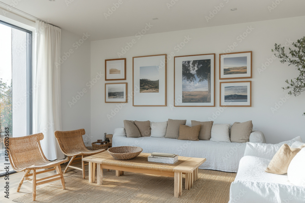 Fototapeta premium Modern living room interior with fireplace and comfortable furniture