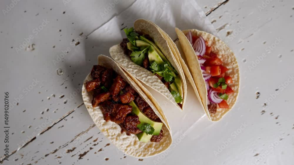 Three soft tacos with beef, avocado, onion and tomato on rustic white wood background

