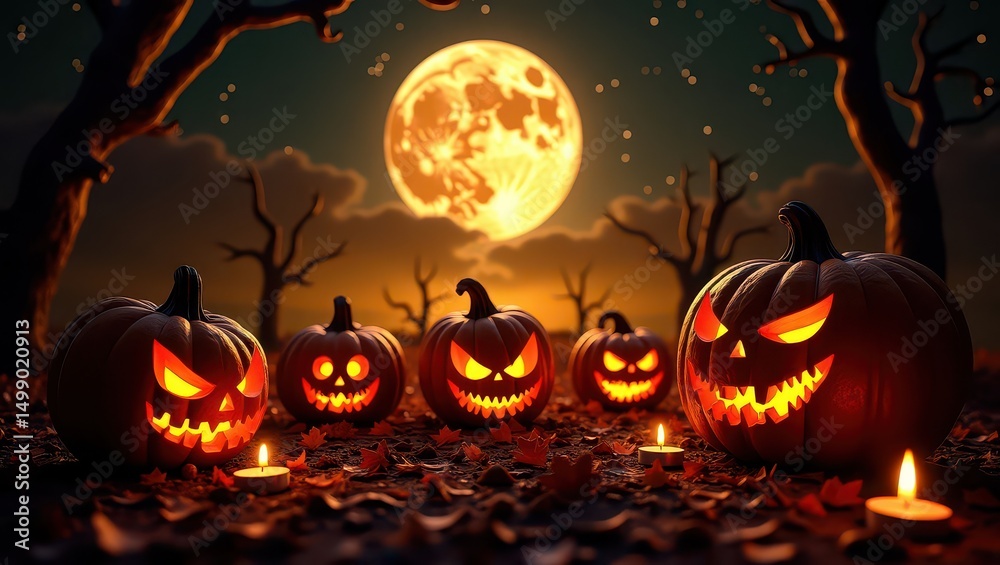 Naklejka premium Pumpkins sinister among candles on Halloween night background