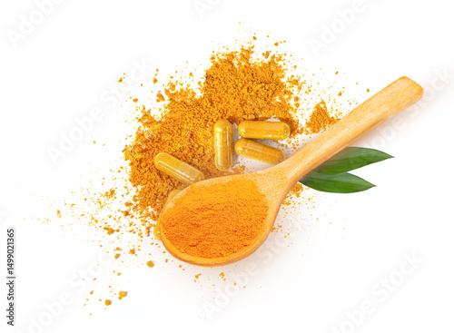 Fototapeta Naklejka Na Ścianę i Meble -  Turmeric powder and capsules  leaves  herb isolated on white background..