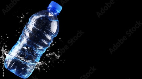 Clear plastic water bottle with splash effect against a black background photo