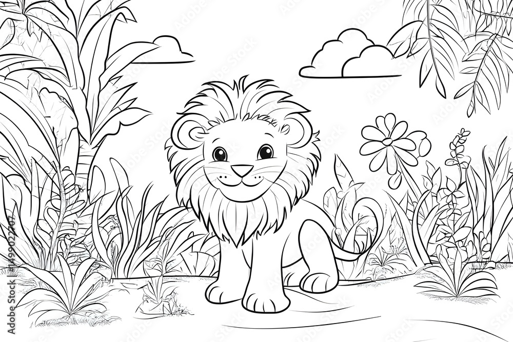 Obraz premium Cute Lion in a Jungle Scene: Fun Coloring Book Image for Kids