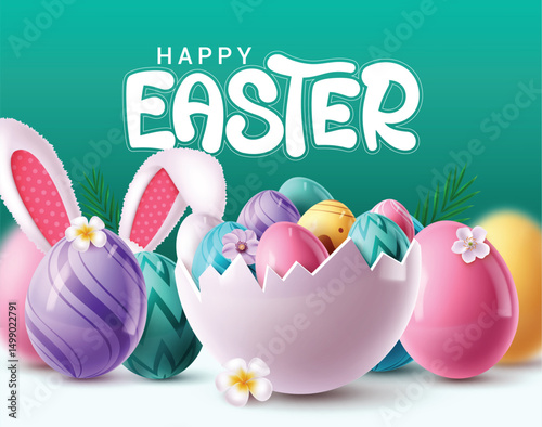 Happy easter greeting clipart design. Happy easter text clip art with big crack eggshell, bunny ears and colorful eggs elements for egg hunting celebration. Vector illustration.