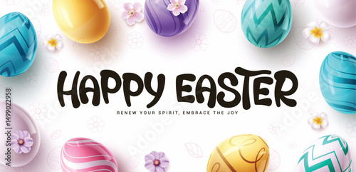 Happy easter wishes clipart banner design. Happy easter greeting text clip art with colorful printed easter eggs and flowers in white doodle background. Vector illustration.