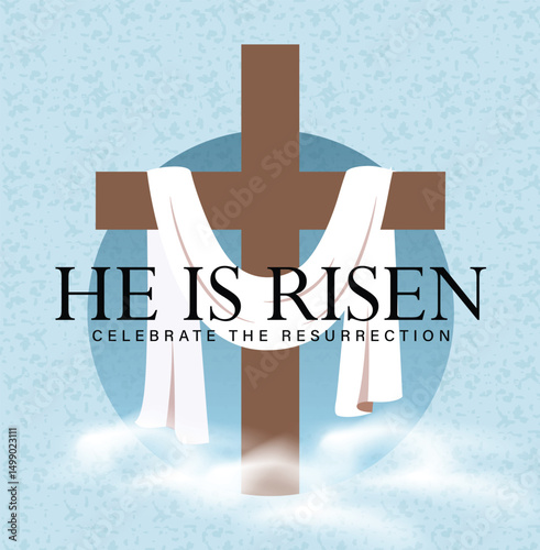 Jesus christ risen clipart card design. Happy easter sunday risen celebration with wood christian cross for jesus christ rebirth symbol clip art. Vector illustration happy easter celebration.
