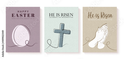 Jesus Christ risen clipart poster design. Happy easter Jesus Christ risen celebration with praying hands, Christian cross and easter egg flat outline elements in colorful background.