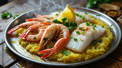 Seafood Sizzler - ocean's finest with prawns, fish fillets, and garlic butter rice