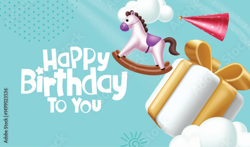 Birthday greeting vector background design. Happy birthday greeting text with gift box, rocking horse, party hat and cloud decoration elements in blue background. Vector illustration.