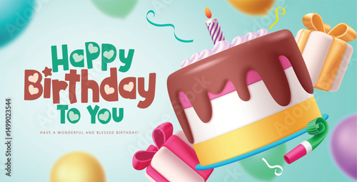 Birthday cake vector banner design. Happy birthday greeting text with colorful cake, candle, and gift box element for kids surprise party. Vector illustration greeting card poster design.
