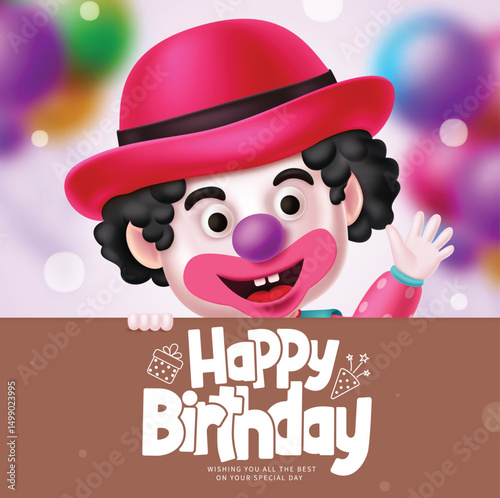 Clown birthday character vector template design. Happy birthday greeting text in brown board with cute kids clown happy waving mascot. Vector illustration buffoon party clip art. 
