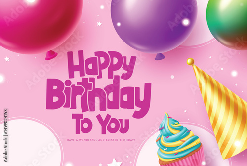 Birthday greeting vector background design. Happy birthday greeting text with colorful balloons, cup cake and party hat decoration elements in pink background. Vector illustration.