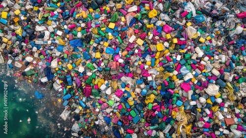 Aerial view of colorful plastic waste polluting water, highlighting severe environmental pollution and plastic contamination.