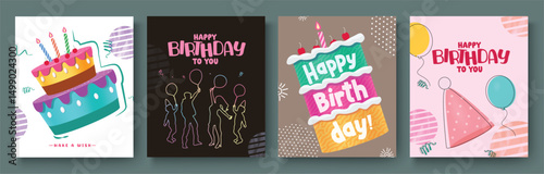 Birthday party clipart poster set design. Happy birthday invitation, wishes and greeting card outline collection with cake and people elements. Vector illustration bday invitation card clip art. 
