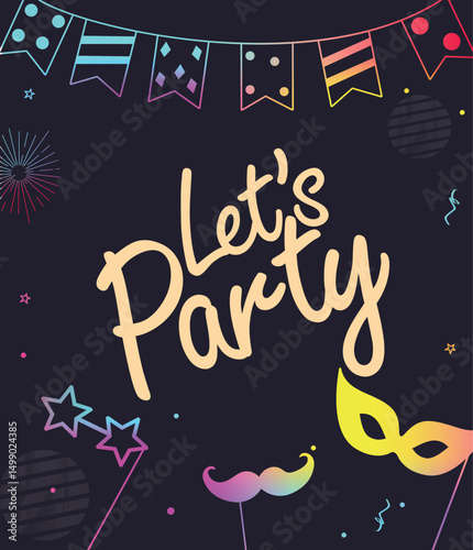 Birthday party clipart poster design. Happy birthday invitation card with gradient color mask and pennants for funfair decoration elements. Vector illustration masquerade poster template clip art.
