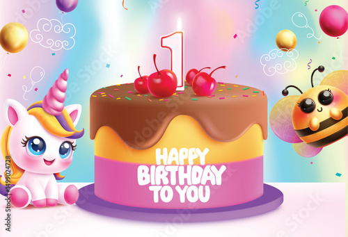 Birthday cake vector design. Happy birthday greeting text in colorful cake elements with cute unicorn and bee characters for kids invitation card background. Vector illustration.