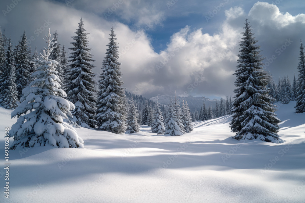 Beautiful snowy winter forest in the mountains under a blue sky Beautiful snowy winter forest in the mountains under a blue sky