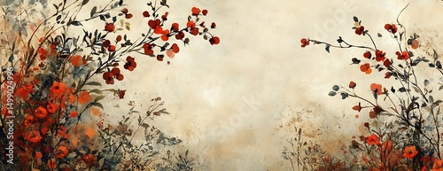 Red flowers, field, watercolor, autumn