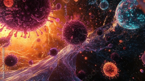 A vibrant and intricate digital depiction of microscopic viruses and cells floating in a colorful cosmic environment, illustrating the complexity of biological interactions photo