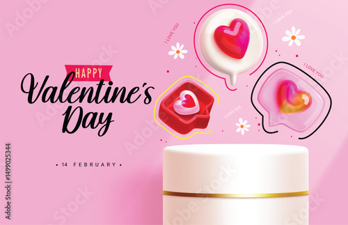Happy valentine's day greeting clipart template design. Happy valentine's day text with white podium stage and crystal heart for product presentation display clip art. Vector illustration.