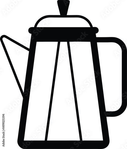 Antique metal coffee and tea pot vector illustration with hot beverage mug and glass cups