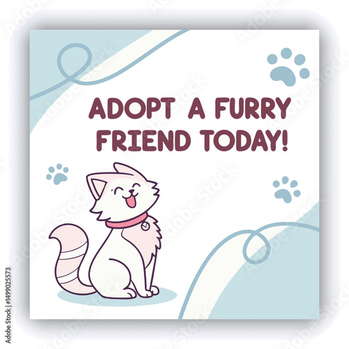 Adopt, don't shop! Creative square banner template. Naive illustration with young woman, who hugging her adopted dog with big heart on background. Flat style. Kawaii clip art with french bulldog.