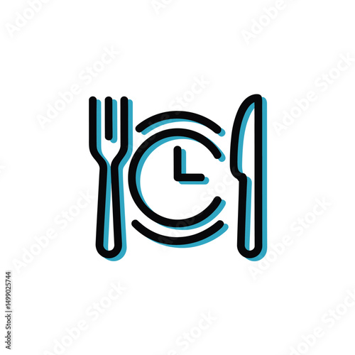 Clock Plate Icon Featuring Fork and Knife Indicating Food Service Timing, Digital Menu Scheduling and Restaurant Reservation Systems for Dining Platforms