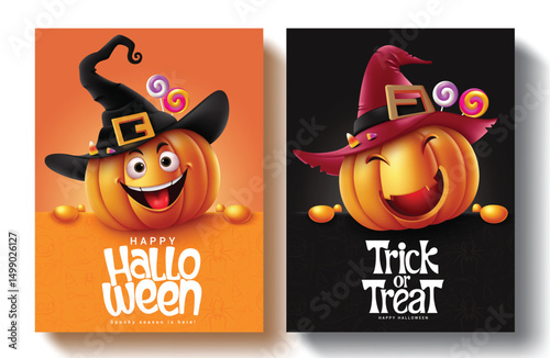 Halloween pumpkins characters vector poster set design. Happy halloween greeting text with cute pumpkins wearing witch hat elements for trick or treat card collection. Vector illustration.