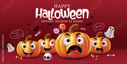 Halloween pumpkins characters vector banner design. Happy halloween greeting text with cute pumpkins character in spooky season red background. Vector illustration trick or treat banner design.  
