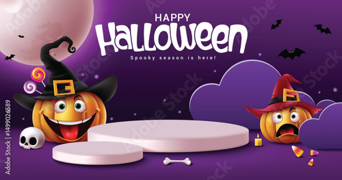 Halloween podium vector template design. Happy halloween greeting text with pumpkins characters in podium stage for product display promotion. Vector illustration trick or treat promo banner. 

