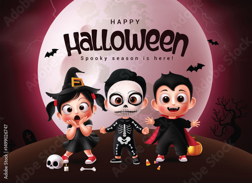 Halloween kids characters vector design. Happy halloween greeting text with cute witch girl, scary sorcerer and vampire boy costume character in night full moon background. Vector illustration.