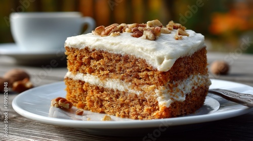 Wallpaper Mural Slice of Sweet Potato Cake with Maple Pecan Frosting on White Plate, Autumn Background Torontodigital.ca