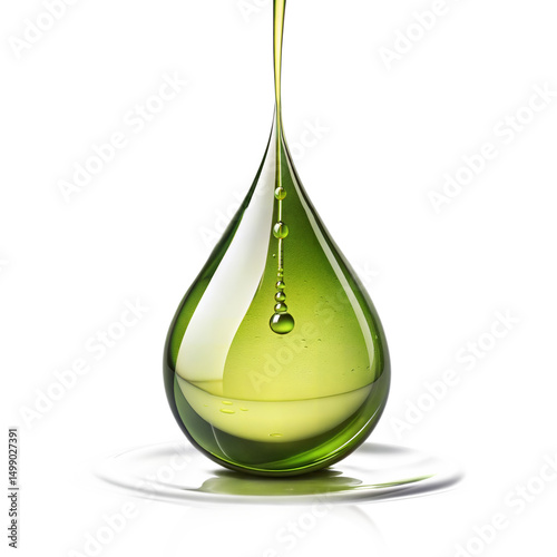 Viscous fluid drips slowly down a glass drop shape isolated on transparent background
